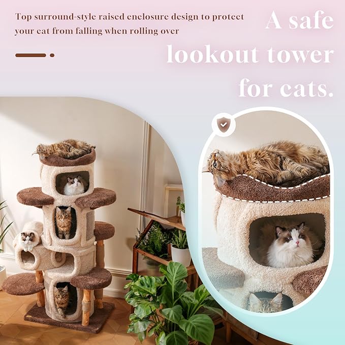 70" Heavy Duty Cat Tree for Large Cats with Toys, All-in-One Cat Tower with Cat Perch, Tall Cat Tower with Scratching Post, Brown Modern Cat House