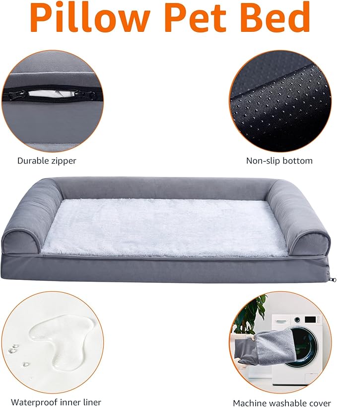 Amazon Basics Living Room Couch Dog Bed with Premium Foam, Pressure-Relief Support for Dogs up to 55lbs, Machine Washable Cover, Large Sized (36" x 27"), Grey