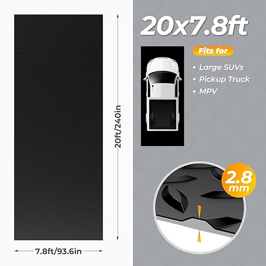 7.8 x 20 FT Garage Floor Mat, 2.8mm Thickness Diamond Plate Vinyl Garage Flooring Roll for Under Car, Large Size 156 SQFT for Large SUVs, MPV, Pickup Truck, Black