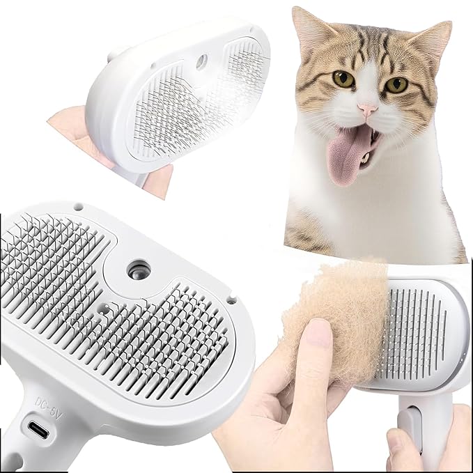 Cat steam brush – Effective Pet Brush for Indoor Cats, Steam Technology for Shedding, Mats & Grooming – Ideal cat brush indoor for Deep Cleaning (White)