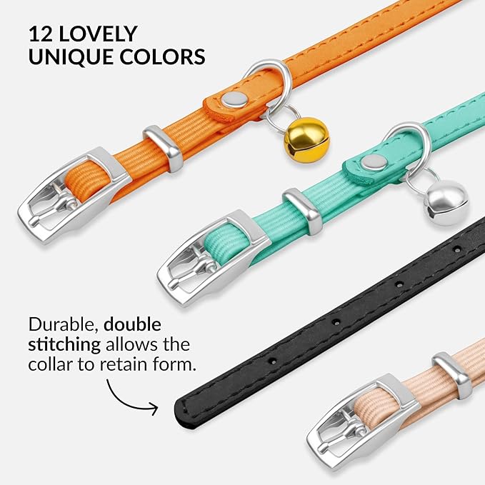 CollarDirect Leather Cat Collar with Bell - Kitten Small and Big Cat Collar for Boy Cats, Girl Cats with Safety Elastic Strap (Neck Fit 6"-7", Black)