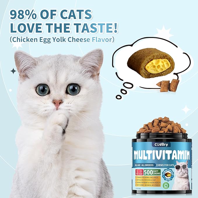 Cat Multivitamin, Crunchy & Creamy Cheese Chew– Supports Energy and Skin & Coat – with Taurine, B-Complex, Zinc Methionine & Selenium Yeast – Daily Health Supplement for Cats of All Ages (500 Chew)