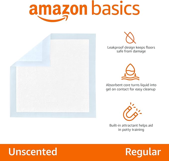 Amazon Basics Dog and Puppy Pee Pads, 5-Layer Leak-Proof Super Absorbent, Quick-Dry Surface, Potty Training, Regular (22x22"), 50 Count, Blue & White