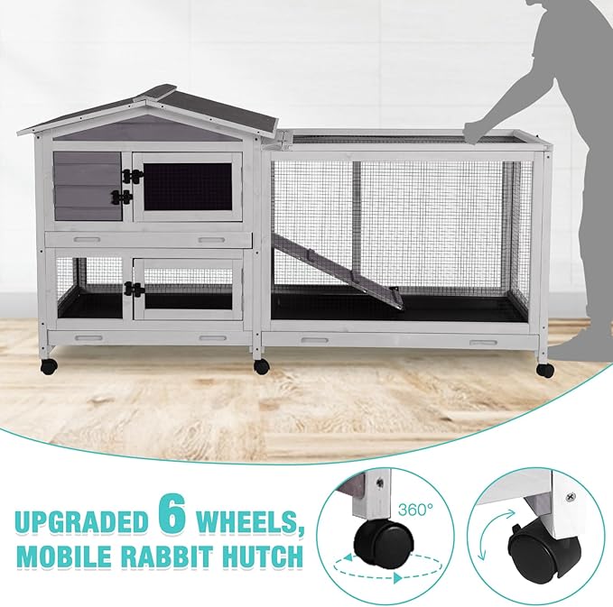 62" Rabbit Hutch with Chew-Proof Ramp & Waterproof Roof - Indoor/Outdoor Bunny Cage, 2-Story Design, 6 Lockable Caster Wheels & Dual Pull-Out Trays (Grey)