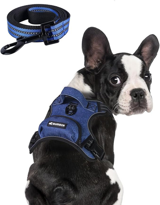 BUMBIN Dog Harness for Large Dogs, No Pull Adjustable No Choke Pet Vest with Dog Leash Fit Smart Reflective Pet Walking Harness for Training Easy Control Soft Handle Denim Blue M