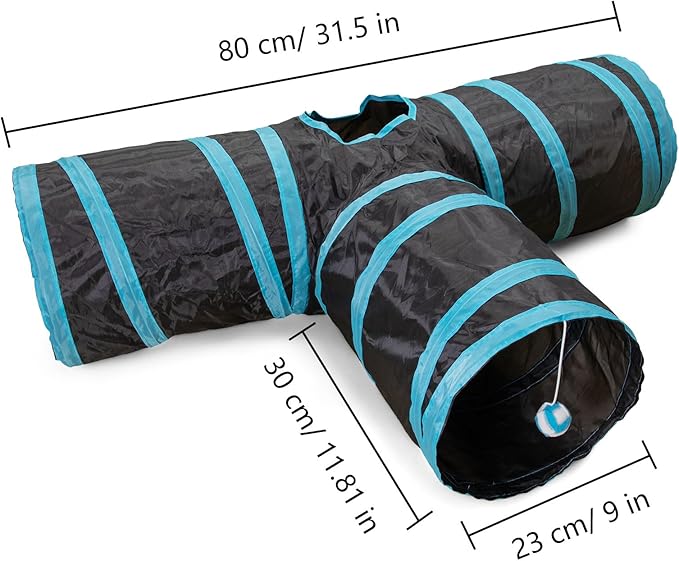 Cat Tunnel, 3 Way Cat Tunnels for Indoor Cats, Foldable Cat Tubes and Tunnels for Cats Kittens, Kitty Bored Peek Hole Toy Ball Cat, Puppy, Kitty, Kitten, Rabbit, Guinea Pigs (Blue & Black)