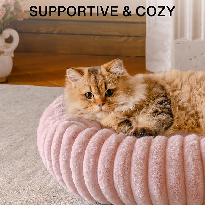 MEWOOFUN Donut Dog Beds for Small Dog, Calming Bed Round Cute Puppy Bed with Non-Slip Bottom, Fluffy Washable Pet Bed for Puppy and Kitten (Pink, XS (20x20x6))