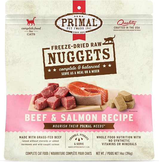 Primal Freeze Dried Raw Cat Food Nuggets Beef & Salmon, Complete & Balanced Meal or Topper, Premium, Healthy, Grain Free, High Protein Raw Cat Food with Probiotics (14 oz)