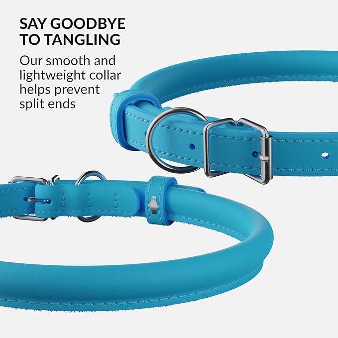 CollarDirect Rolled Leather Dog Collar, Soft Padded Round Puppy Collar, Handmade Genuine Leather Collar Dog Small Large Cat Collars 13 Colors (13-16 Inch, Light Blue)