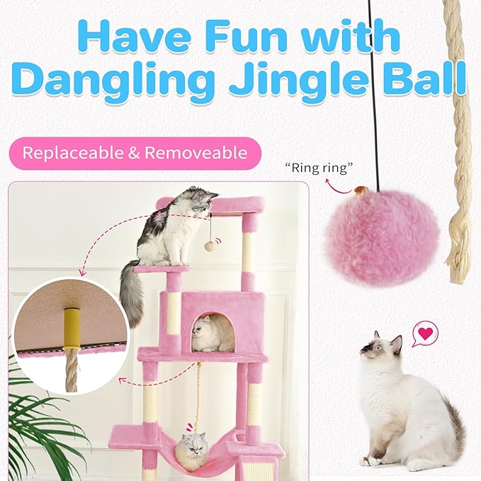 Cat Tree Tower 63in Multi-Level Cat Tower for Indoor Cats with Sisal Scratching Posts, Condo, Hammock, Dangling Ball and Extended Platform for Cats to Play, Pink