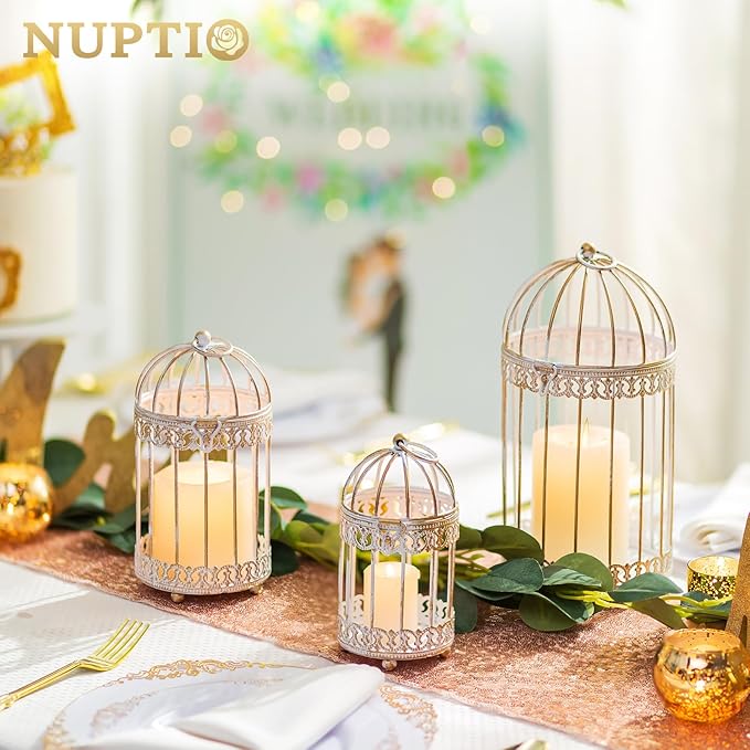 NUPTIO Tea Light Candle Holders: 2 Pcs 6 inch H Distressed White Bird Cage Lantern Centerpiece Hanging Metal Birdcage Tealight Votive Holder for Home Fireplace Dining Table Living Room Decoration