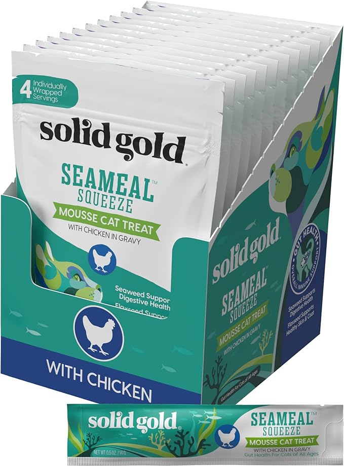 SeaMeal Squeeze Chicken Lickable Cat Treats with Seaweed for Skin & Coat - Wet Cat Treats with Digestive & Immune Health Support - Natural, Holistic, Grain Free (48 Squeezes)