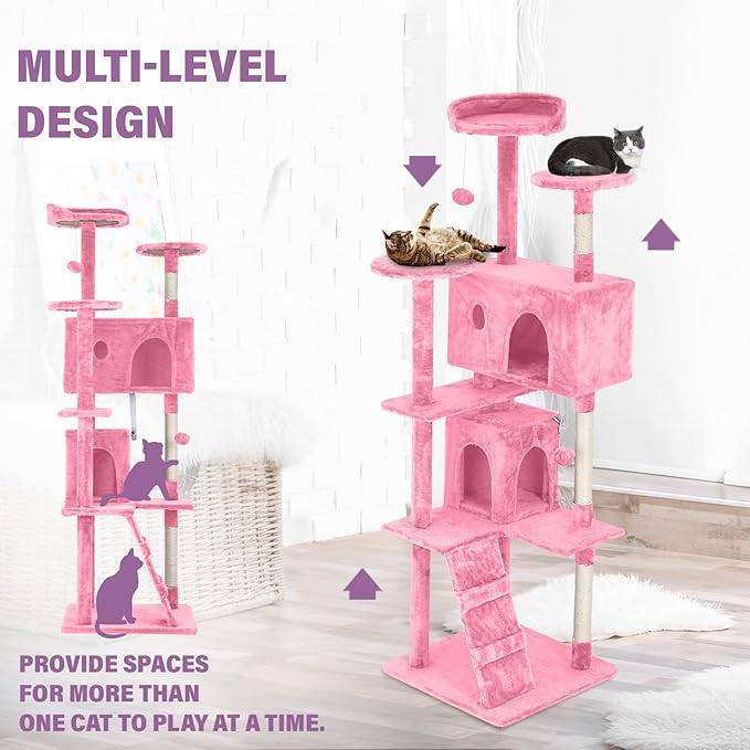 70 inches Cat Tower for Indoor Cats Multi-Level Cat Condos for XL Cat Tree Cat Climbing Tower with Scratching Posts, Hanging Toys,Pink