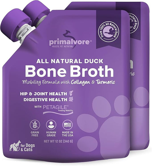Primalvore All-Natural Duck Bone Broth for Dogs &Cats, Mobility Formula w/Collagen Peptides Supports Hip & Joints, Digestion, Skin&Coat and Hydration, Grain Free, Human Grade, Made in USA. Duck 2 Pack