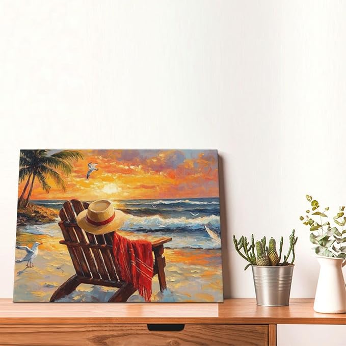 Beach Coastal Bathroom Pictures Wall Art, Seaside Ocean Bathroom Wall Decor, Sunrise Palm Framed Painting Canvas Artwork for Bedroom Living Room Decorations 16"L x 12"W