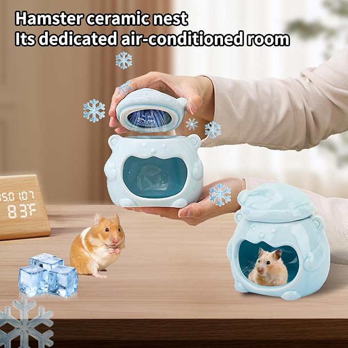 3-in-1 Bear Shaped Ceramic Hamster House - Cool House for Syrian Dwarf Hamsters, Mice, Gerbils， Small Pets, Top for Hamster Food, Removable Lid for Ice Packs, Cute Cool Hideout for Summer（Blue）