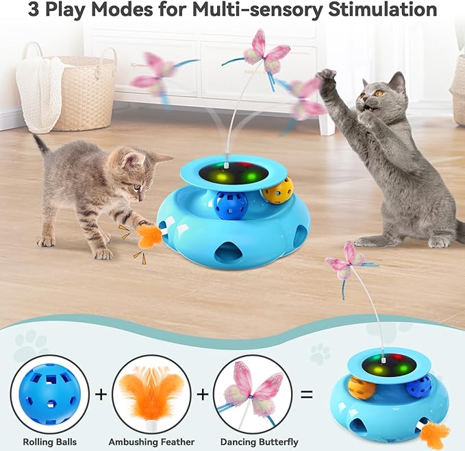 3in1 Interactive Cat Toys for Indoor Cats Rechargeable,Whack a Mole Cat Toy, Fluttering Butterfly, Track Balls, Automatic Kitten Toys Touch Activated, 2 Refill Feather