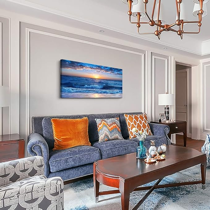 canvas wall art for living room Blue Ocean Sea sun landscape painting bathroom Wall Decor Ready to Hang for Home Decorations office family bedroom kitchen Works canvas Prints pictures 20" x 40"inch