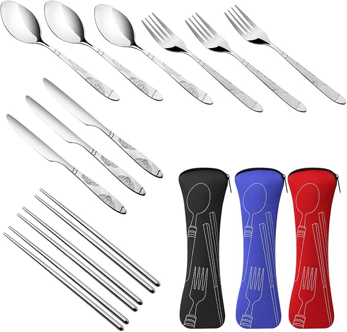 3 Pack Reusable Flatware Sets Knife, Fork, Spoon, Chopsticks, 12Pcs Portable Travel Stainless Steel Tableware Dinnerware with Carrying Case
