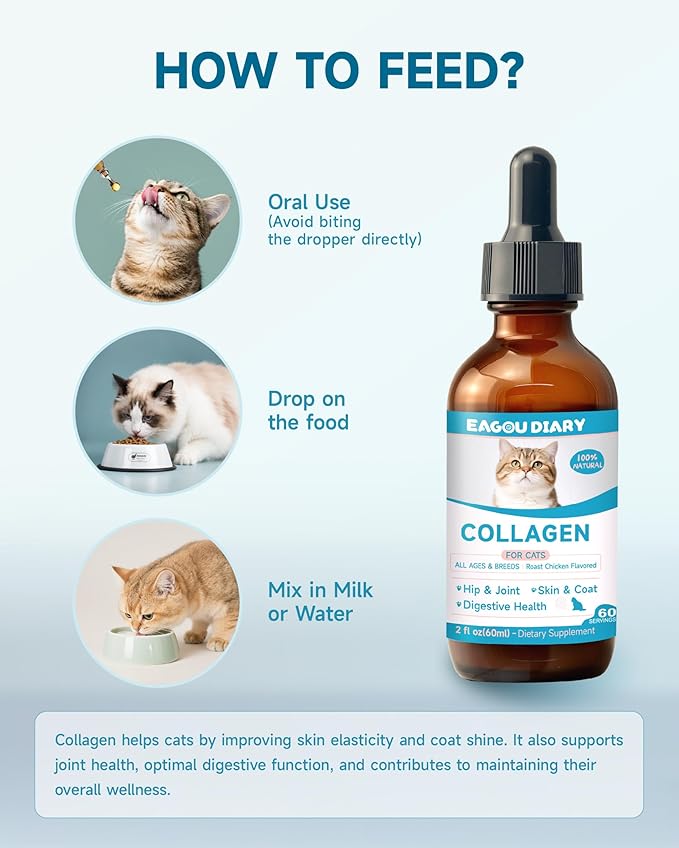 Collagen for Cats - Hip and Joint Supplement, Digestive & Immunity Support, Skin & Coat Health, Liquid Collagen for Cats with MSM, Glucosamine, Coconut Oil, Vitamin E, Roast Chicken Flavored, 60ml