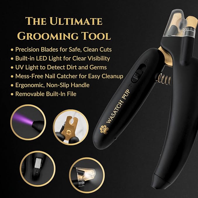 3-in-1 Dog Nail Trimmers and Pet Nail Clippers - Professional Grade with Stainless Steel Blades, LED & UV Light, and Nail Filer for Safety & Precise Toenail Pet Grooming - S to M Dogs