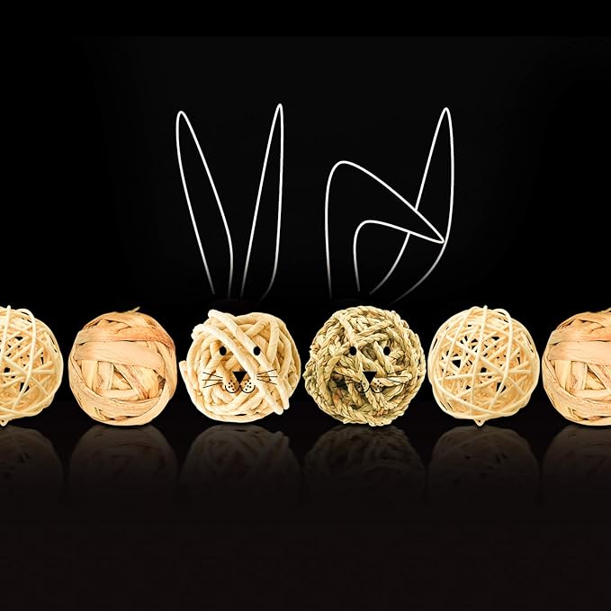 8 Pcs Small Animals Play Balls Rolling Activity Chew Toys Gnawing Treats for Rabbits Guinea Pigs Chinchilla Bunny Natural Balls, Pet Cage Entertainment Accessories (8Pcs)