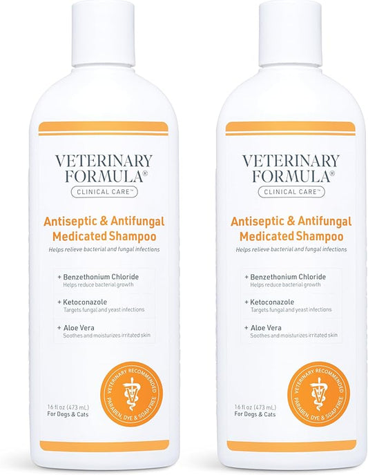 Veterinary Formula Clinical Care Antiseptic and Antifungal Medicated Shampoo for Dogs & Cats, 16 Fl Oz – Helps Alleviate Scaly, Greasy, red Skin – Paraben, Dye, Soap-Free (2 Pack)