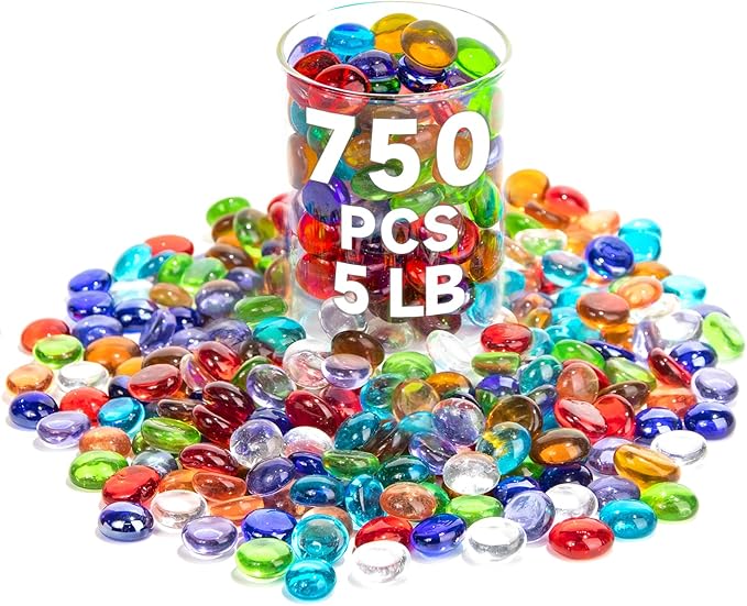5 LB Mix Color Glass Beads, Mini Flat Glass Marbles~750PCS for Vases, Floral Bottom Mancala Gems Pebbles Fish Tank Rocks for Table Scatter Aquarium,Vase Fillers,Home Decorative Art Craft(0.5"~0.7")