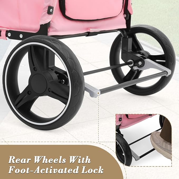 Athena Collection 3 Wheels Pet Stroller Fabric Dog Cart Dog Stroller for Large Dogs 55 Lbs Pet Stroller with Mesh Windows, Zipper Back Pocket, Safety Tether, Angle Adjustable Handlebar, Pink