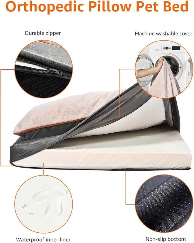 Amazon Basics Dog Bed with Cooling Gel Memory Foam, Pressure-Relief Support for Dogs up to 120lbs, Non-Slip Bottom, Machine Washable Cover, Giant Sized (48" x 36"), Grey