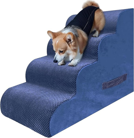 PAWSCART Dog Stairs for Small Dogs and Cats, 4-Step Dog Steps for Bed, 19.6" H Pet Stairs for High Bed, Pet Ramp for Couch, Sofa, Non-Slip Surface Removable Washable Cover, Blue