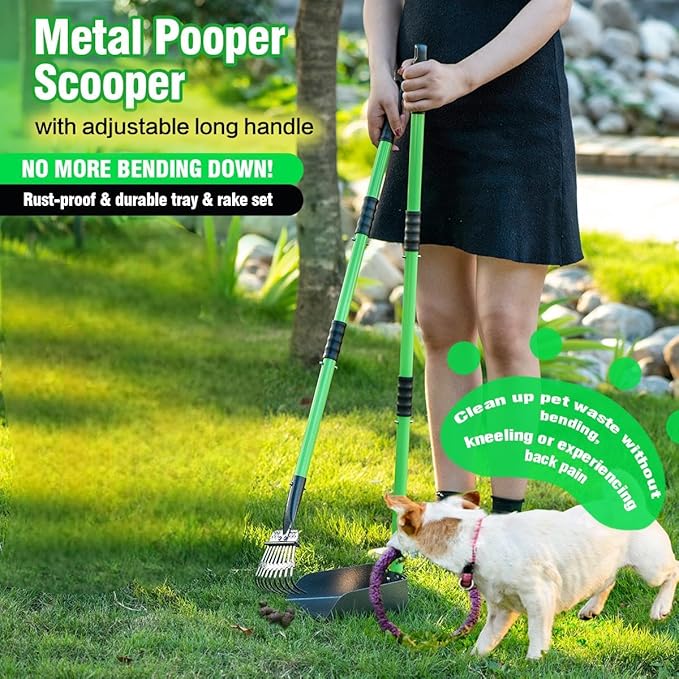 MXF Dog Pooer Scooper Set, 2 in 1 Pet Poop Scooper with Long Handle 28" Dog Poop Picker Upper and Stainless Metal Tray & Rake for Medium & Small Dogs, Heavy Duty for Grass, Dirt, Gravel