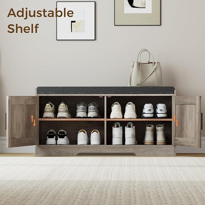 2-Tier Storage Bench, Shoe Bench with Thickened Padded Seat Cushion, Entryway Bench with 2 Doors, Adjustable Shelf, 13.8" D x 37.4" W x 18.5" H, for Entryway, Living Room, Bedroom, Greige