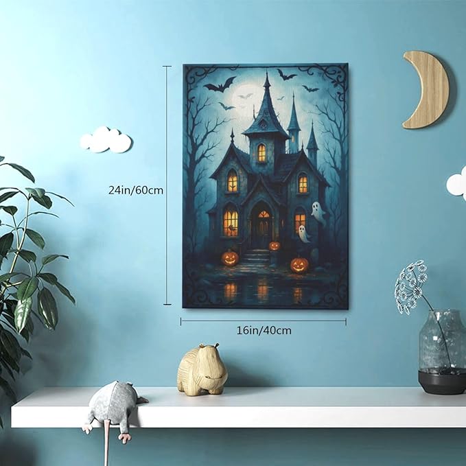 Halloween Gothic Wall Art Castle Pumpkin Ghost Bat Canvas Wall Decor Dark Academia Pictures Painting Print Framed Artwork Decorations Gifts for Halloween Living Room Bedroom Office 16"x24"