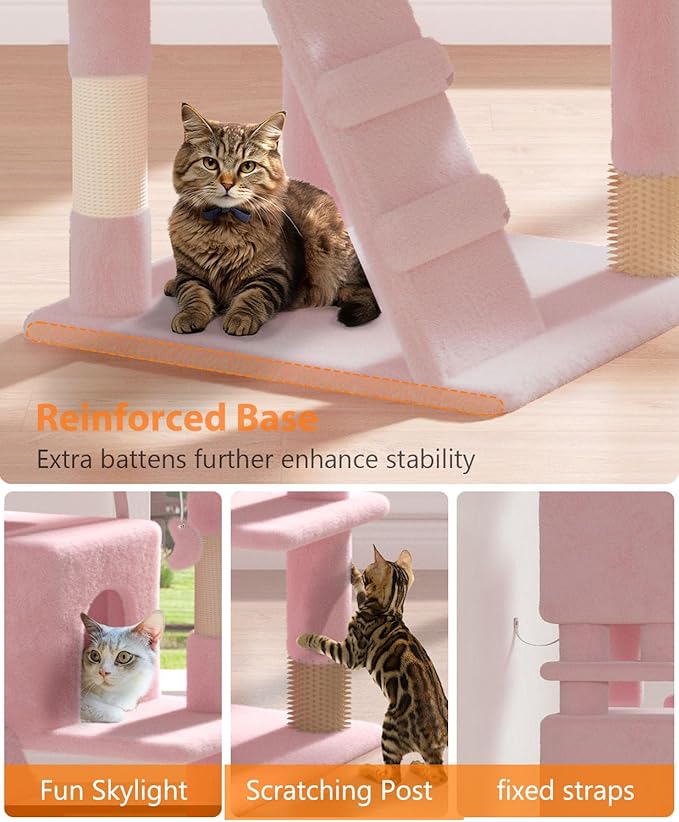 70'' Cat Tree Tower for Indoor Cats Large Adult,Cute/Tall Modern Cat Tree for Big Cats 20 lbs,Plush Multi-Level Cat Condo with Scratching Posts,Dangling Ball for Fun Play(Soft Pink, 70 inch)