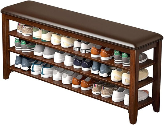 Shoe Bench Storage Rubberwood with Leather Cushion for Entryway Bench Ideal for Hallways Shoe Rack Front Doors Entrances Mudrooms Featuring 3 Height-Adjustable and Removable Shelves