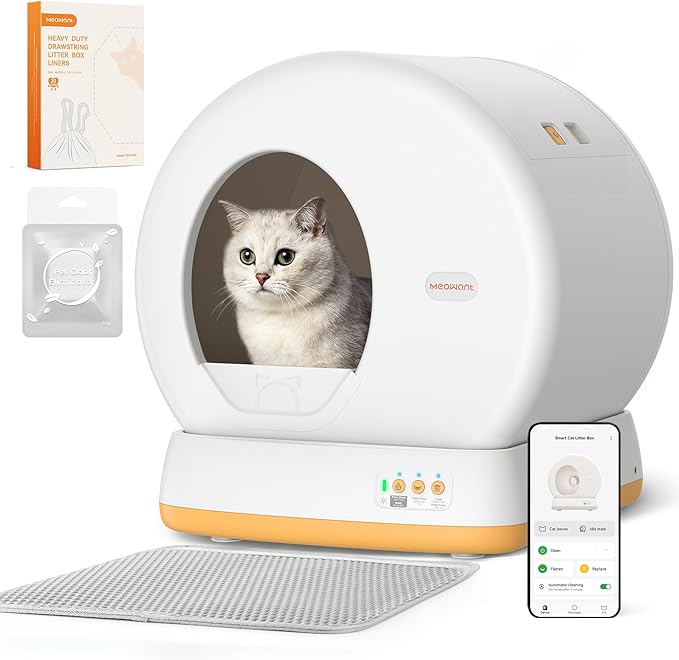 MeoWant Self-Cleaning Cat Litter Box, Advanced Safety System Automatic Cat Litter Box Perfect for Multi Cats, Extra Large/Odor Control/APP Control Smart Cat Litter Box with Mat & Liner, Yellow
