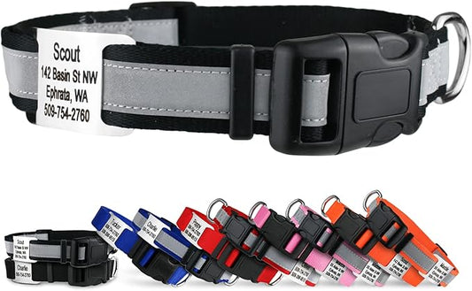 GoTags Reflective Personalized Dog Collar with Nameplate, Adjustable Dog Collar with Custom Engraved Steel Slide On Pet ID Tag, Silent, No Noise Dog Tag for Large Medium or Small (Black, Small)
