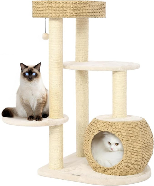 KAMABOKO Modern Cat Tree, 39" Tall Cat Trees for Indoor Cats, Cat Condo Natural Sisal with Scratching Posts, Hand-Woven Tower & Top Perch, Cat-Tree for Kittens Climb Play & Rest Black