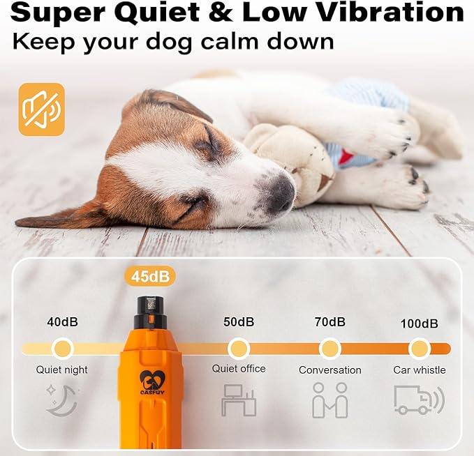Casfuy 6-Speed Dog Nail Grinder - Newest Enhanced Pet Nail Grinder Super Quiet Rechargeable Electric Dog Nail Trimmer Painless Paws Grooming & Smoothing Tool for Large Medium Small Dogs (Orange)