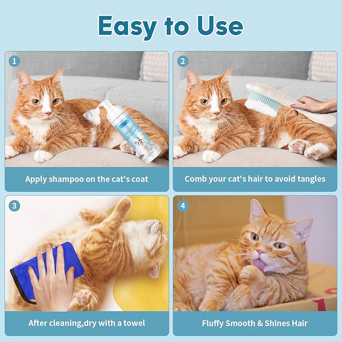 Waterless Cat Shampoo with Brush and Cloth, 6.8 FL OZ Cat Shampoo and Conditioner, Cat Dry Shampoo, No Rinse Formula for Quick Clean, Care for Cats and Kittens with Itching & Sensitive Skin