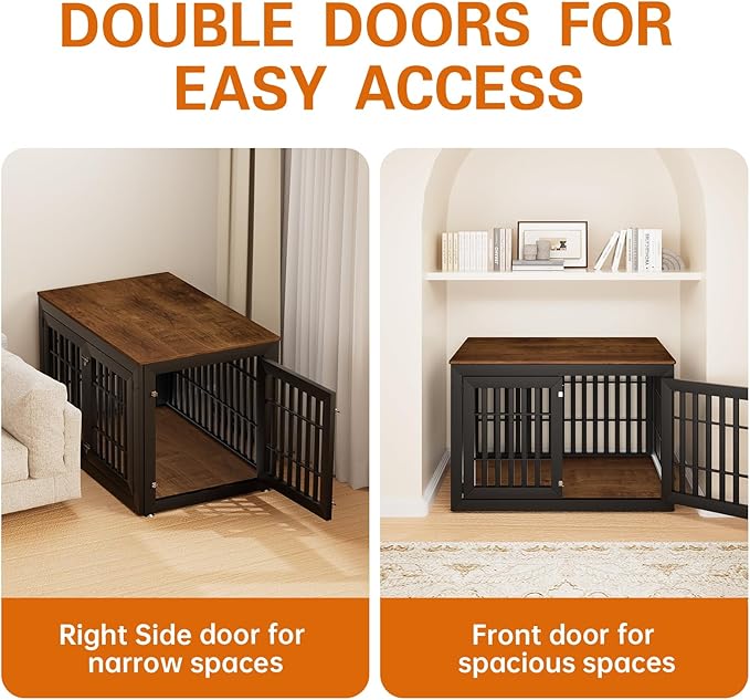 48" Heavy Duty Dog Crate Furniture for Small,Medium and Large Dogs,Rustic Wooden Dog Cage Kennel Indoor Furniture with Waterproof Top,Decorative Pet House Side End Table (Black & Wood)