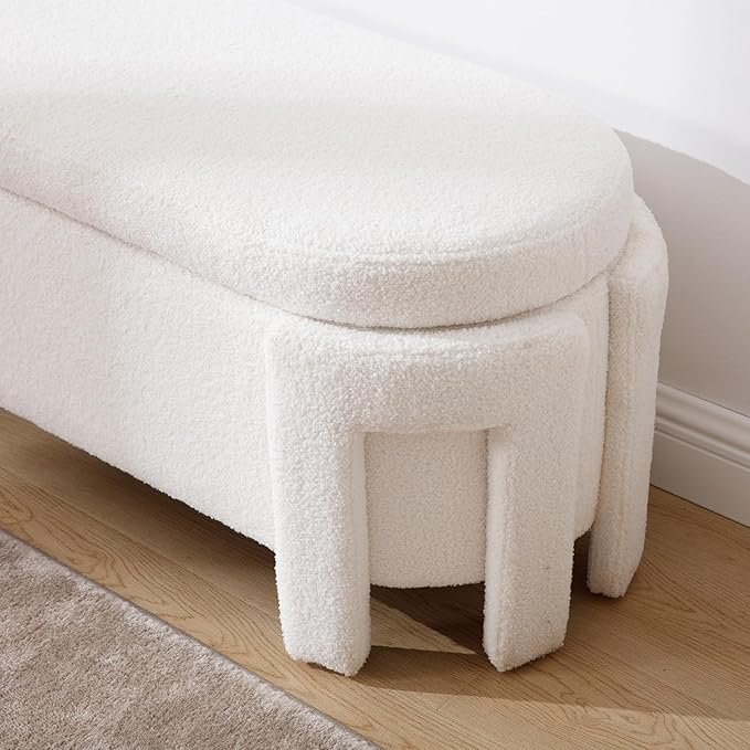 Modern Upholstered Storage Bench, Boucle Sherpa Fabric 50" Long Entryway Bench with Storage and Seating, Comfy Cute Ottoman Bench for Living Room/End of Bed/Hallway, White
