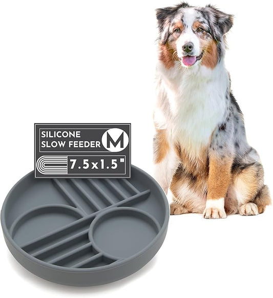 The Slowdown Bowl Silicone Slow Feeder for Dogs & Puppies, Slow Eating Modern Lick Mat Design, Reduces Gulping, Fits 2 Cups 7.5” Across x 1.5” Tall, Mealtime Challenge, Medium-Charcoal