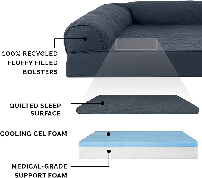 Furhaven Cooling Gel Dog Bed for Large/Medium Dogs w/ Removable Bolsters & Washable Cover, For Dogs Up to 55 lbs - Quilted Sofa - Iron Gray, Large
