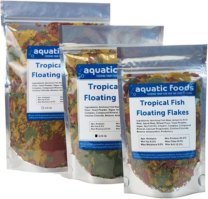 Aquatic Foods Inc. Tropical Fish Flakes, Mix of Krill, Color Enhancing, Spirulina Flakes for Cichlids, Angels, Tetras, Guppies. 12-Type Pellet Mix & 4-Type Wafers Included...WL 1/4-lb Foil Bag