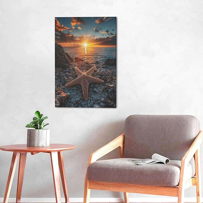Beach Starfish Wall Decor Ocean Starfish Wall Art Sunset Scenery Coastal Theme Pictures Canvas Nature Seascape Painting Print Framed Artwork Decorations for Home Bathroom Living Room Bedroom Office 16"x24"