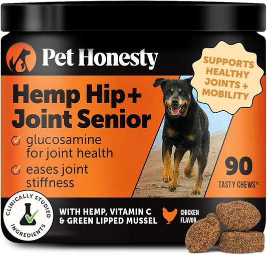 Senior Hemp Hip & Joint Supplement for Dogs - Dog Joint Supplement with Hemp Oil & Powder, Glucosamine, Collagen, MSM & Green Lipped Mussel - Mobility for Senior Dogs (Chicken 90)