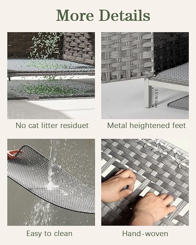 Cat Litter Box Enclosure Hidden Litter Box Furniture with Metal Heightened Feet, Rattan Handwoven Cat House with Litter Mat, Hidden Litter Box Furniture for Bedroom Living Room Gray