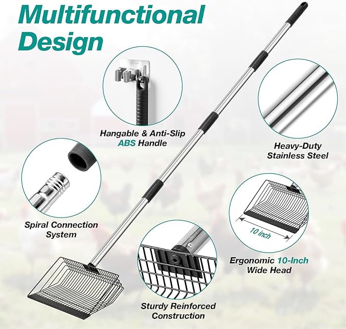 Adjustable Chicken Poop Scooper, Heavy Duty Stainless Steel Chicken Rake with 3-Slot Pole, Multi-Use Pet Waste Shovel & Hay Scooper - 36"/50"/64" Length